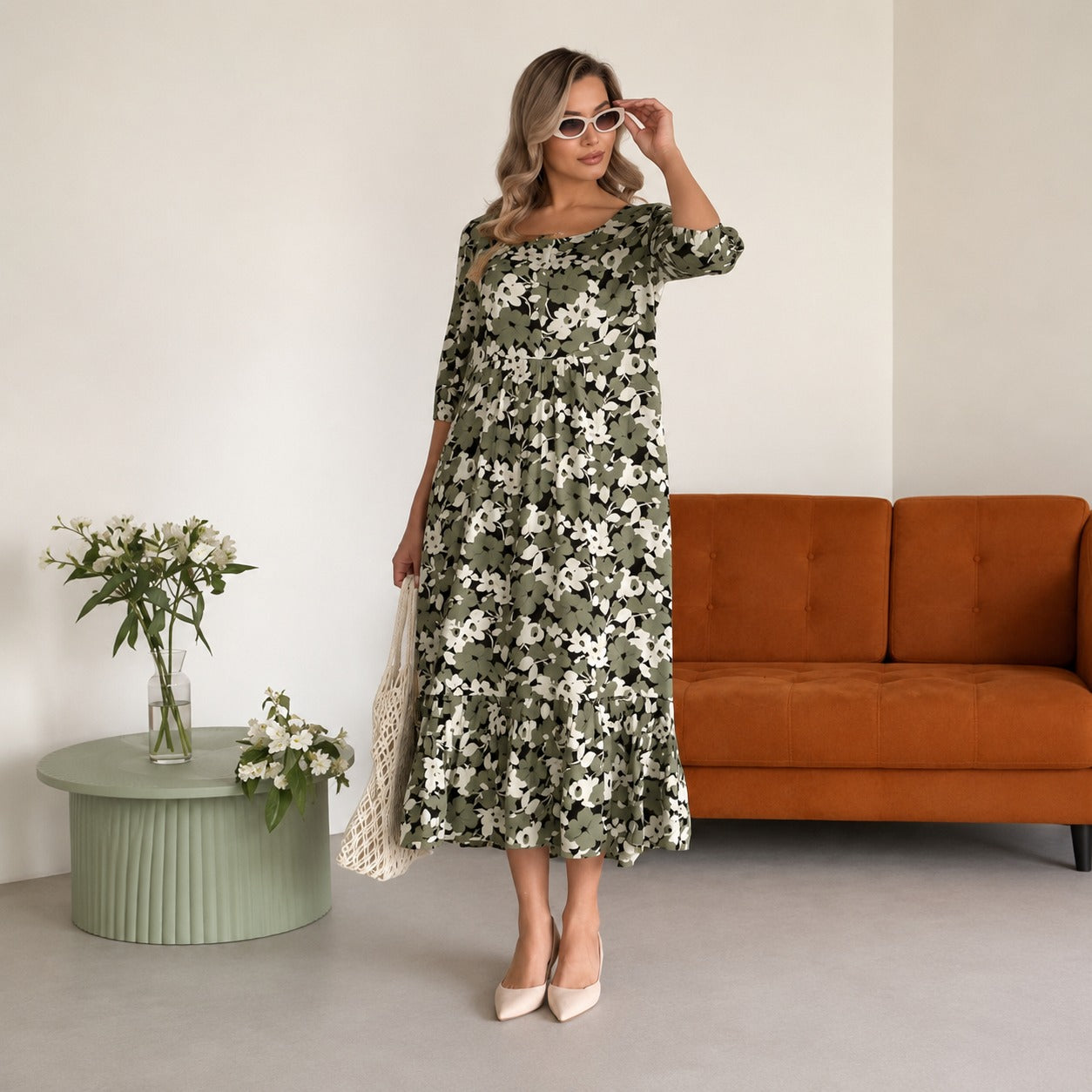 Dress Florenne™ with Square Neckline, Floral Print and Ruffle Hem