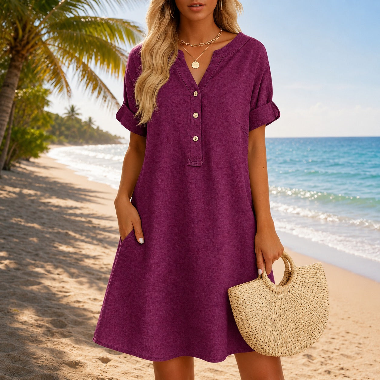 Dress Hadley™ in Cotton Linen with V-Neck, Button-Front and Side Pockets