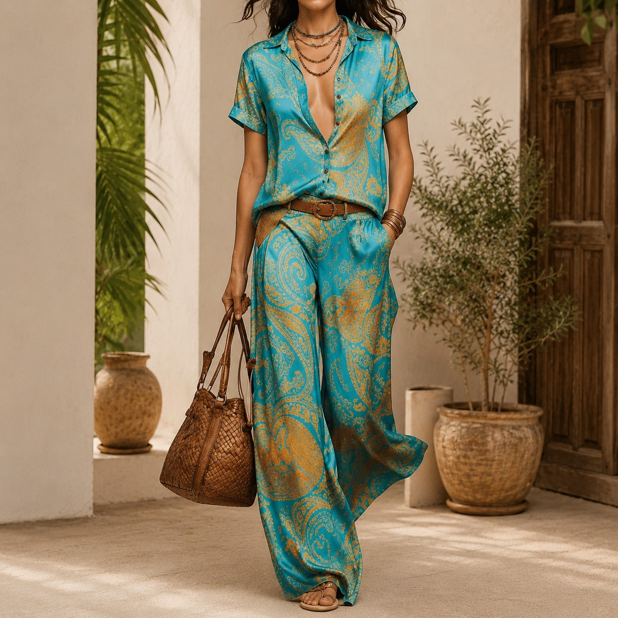 Azmara™ Satin Printed Shirt & Wide-Leg Pants Set / Effortless Sophistication Without Feeling Restrictive