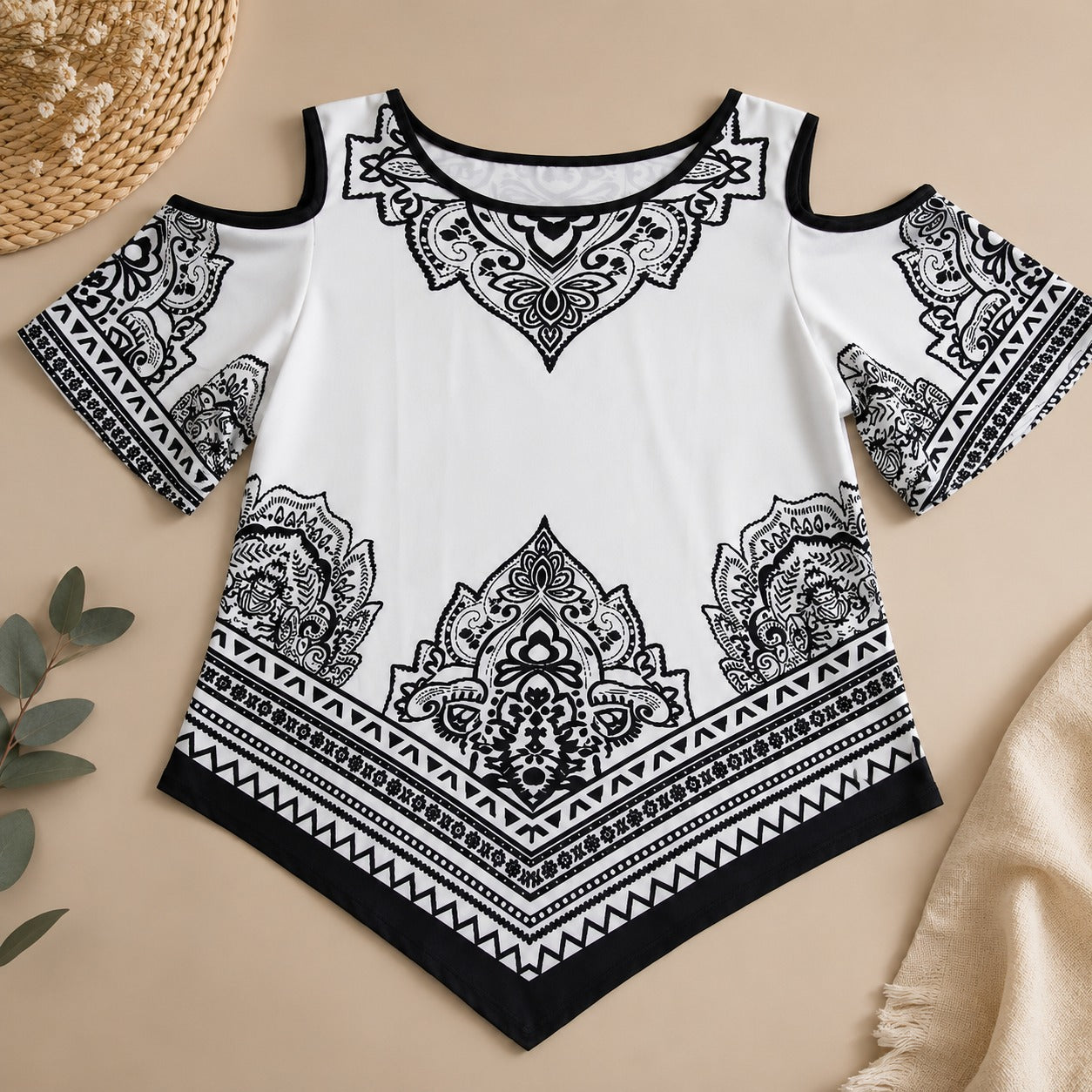 Calisse™ Blouse with Cold-Shoulder Design, Ornamental Print and Asymmetrical Hem