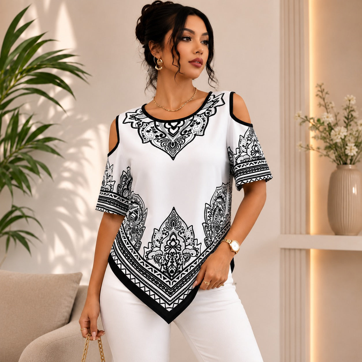 Calisse™ Blouse with Cold-Shoulder Design, Ornamental Print and Asymmetrical Hem