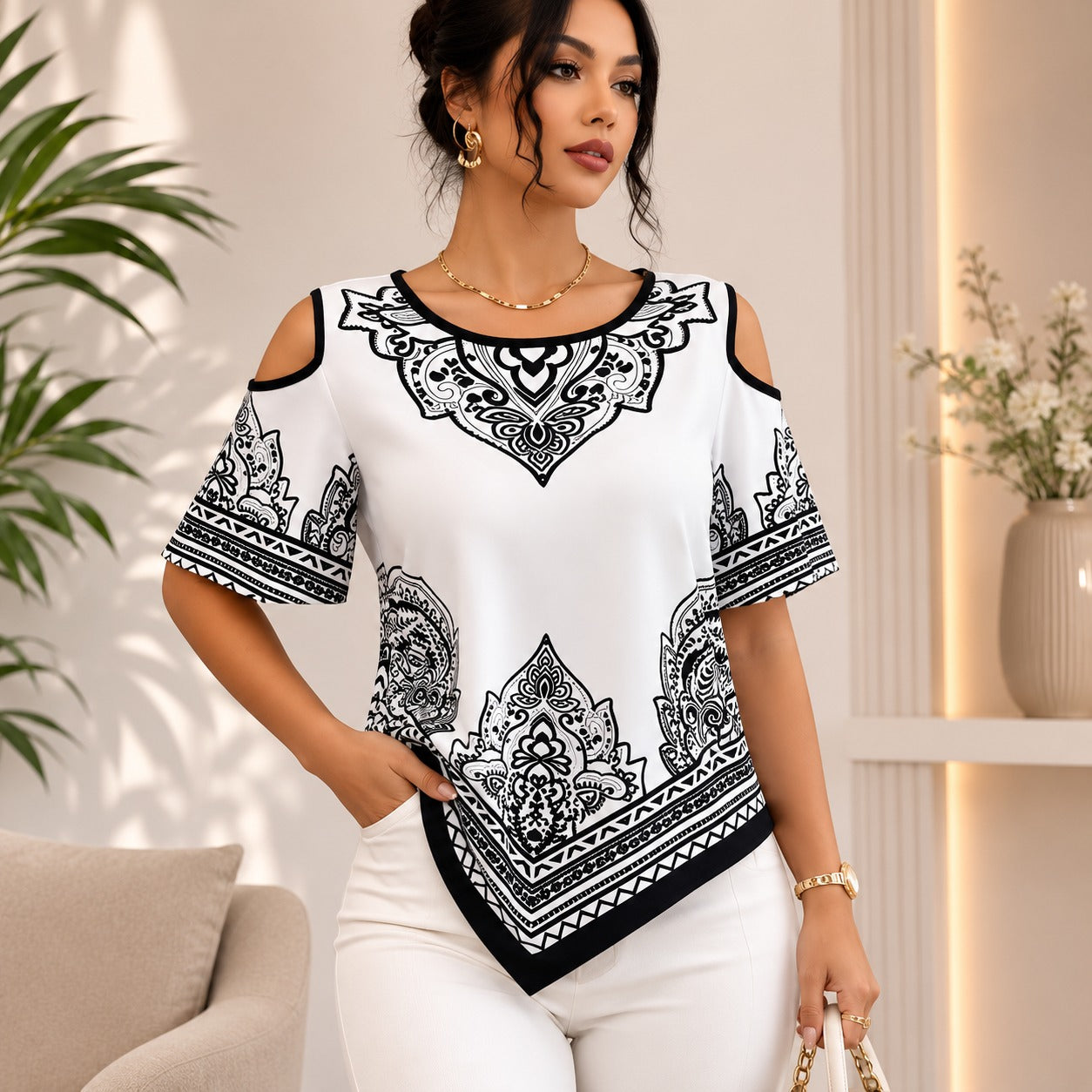 Calisse™ Blouse with Cold-Shoulder Design, Ornamental Print and Asymmetrical Hem