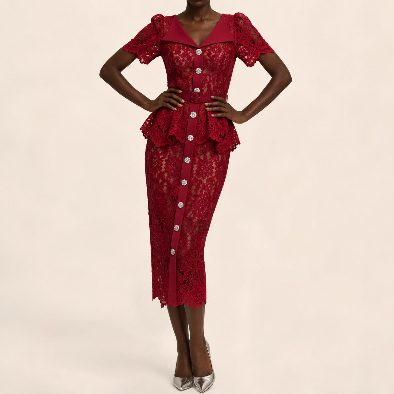 Marivelle™ Dress with Floral Lace, Peplum and Ornamental Buttons