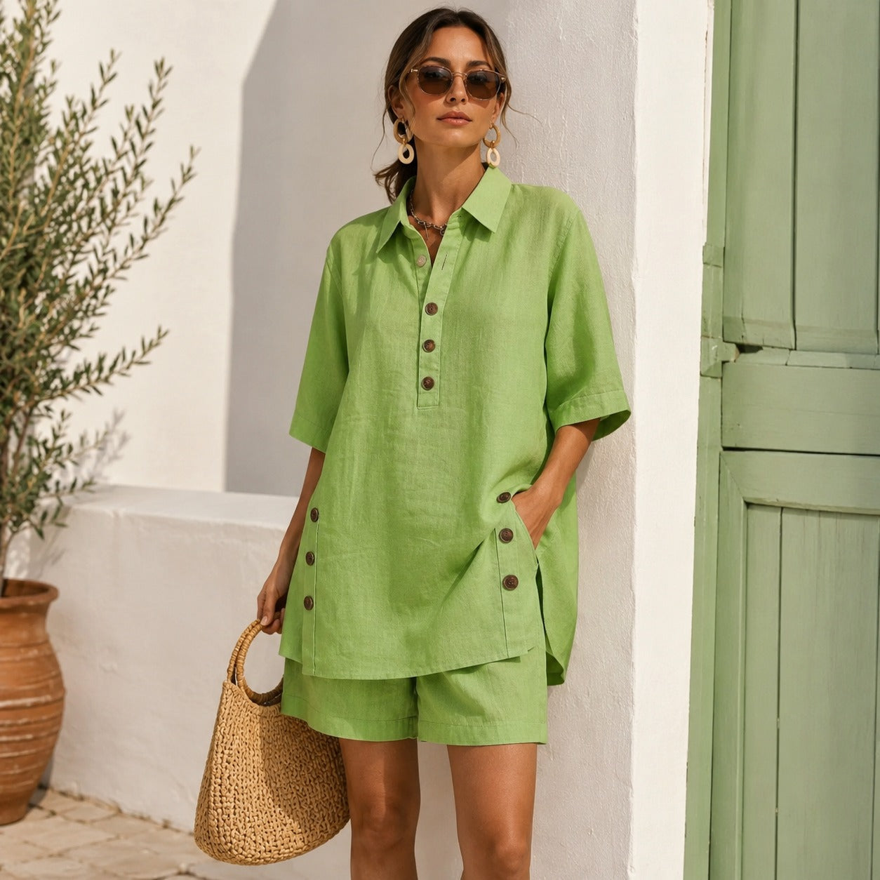 Velena™ Cotton-Linen Set With a Shirt Collar and Side Button Details