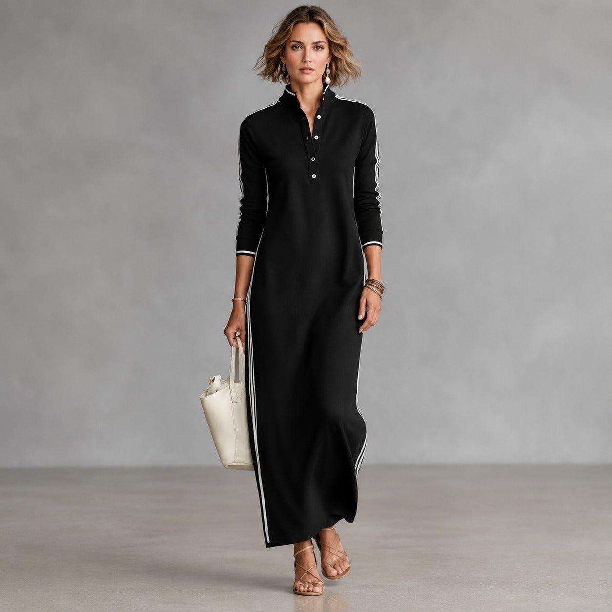 Noriele™ Polo Maxi Dress with Side Stripes and Relaxed Silhouette