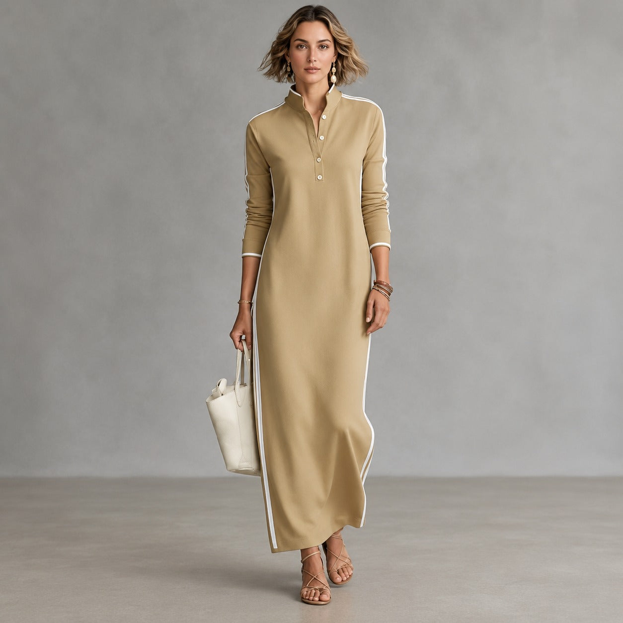 Noriele™ Polo Maxi Dress with Side Stripes and Relaxed Silhouette
