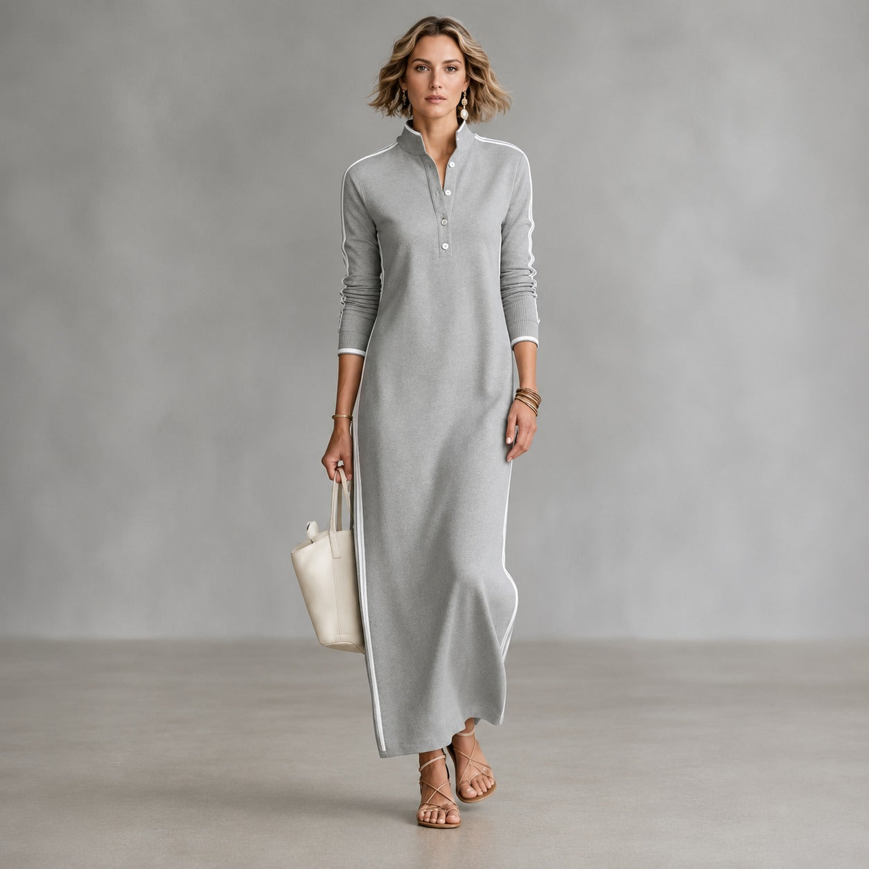 Noriele™ Polo Maxi Dress with Side Stripes and Relaxed Silhouette