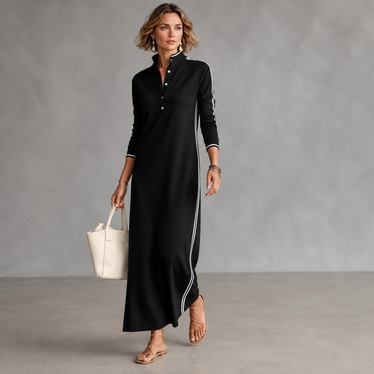 Noriele™ Polo Maxi Dress with Side Stripes and Relaxed Silhouette