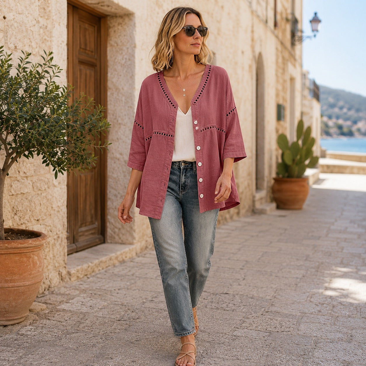 Cardigan Marelia™ Cotton-Linen, Openwork Trim and V-Neck