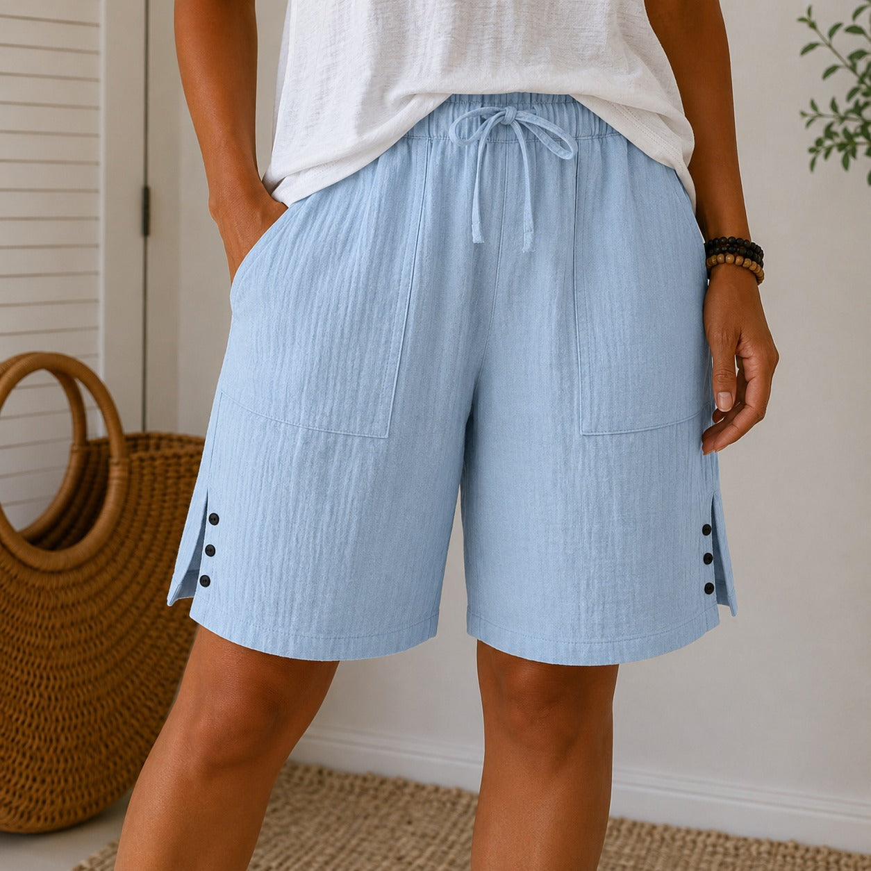 Auden™ Cotton-Linen Shorts with Drawstring Waist, Utility Pockets and Side Button Hem