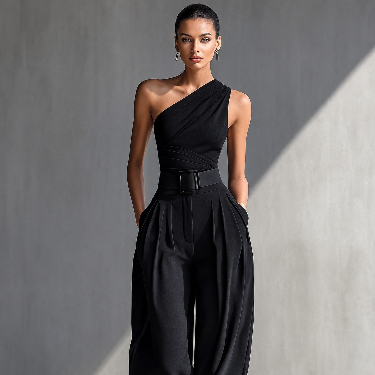 Aurevia™ Set with One-Shoulder Top and Wide-Leg Pants.
