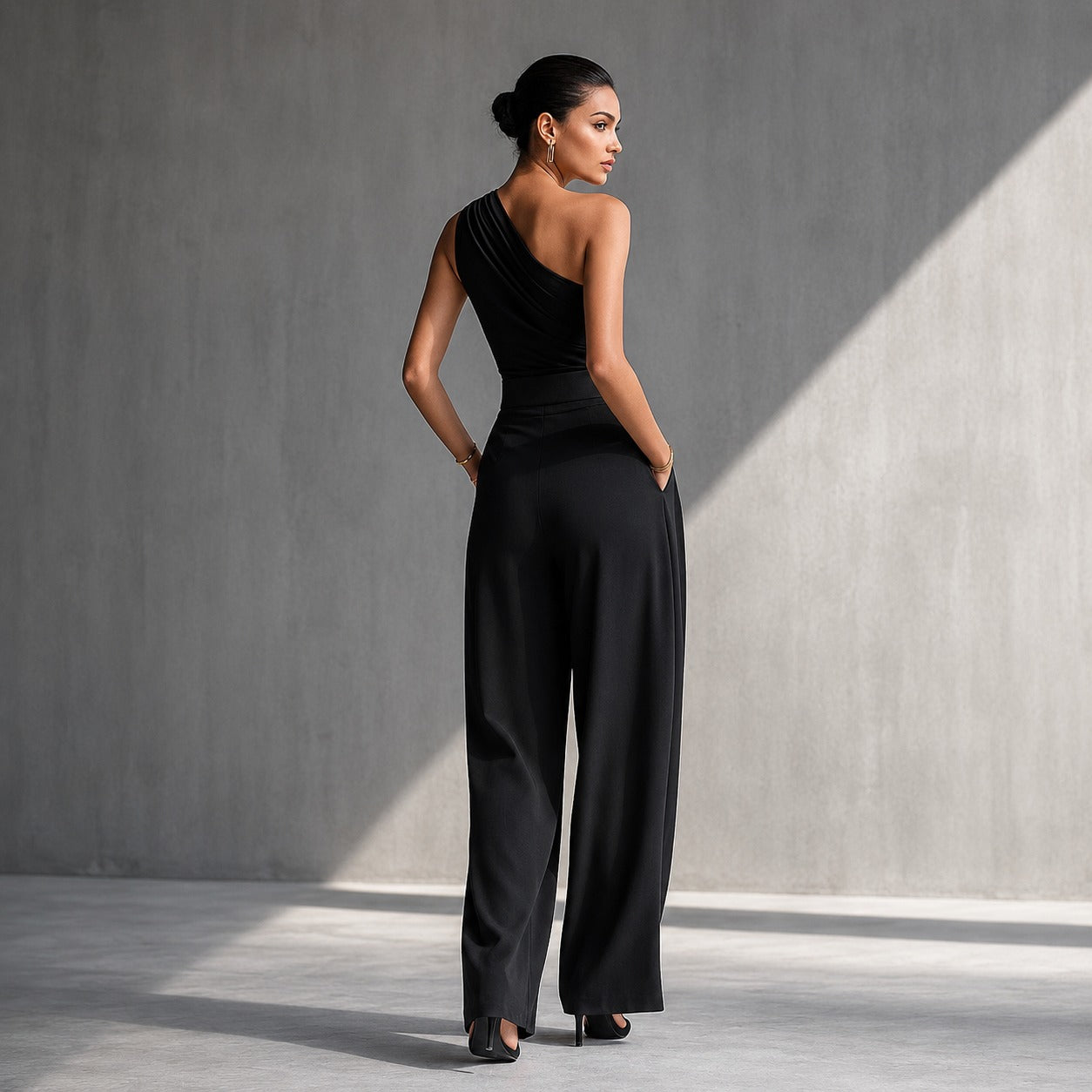 Aurevia™ Set with One-Shoulder Top and Wide-Leg Pants.