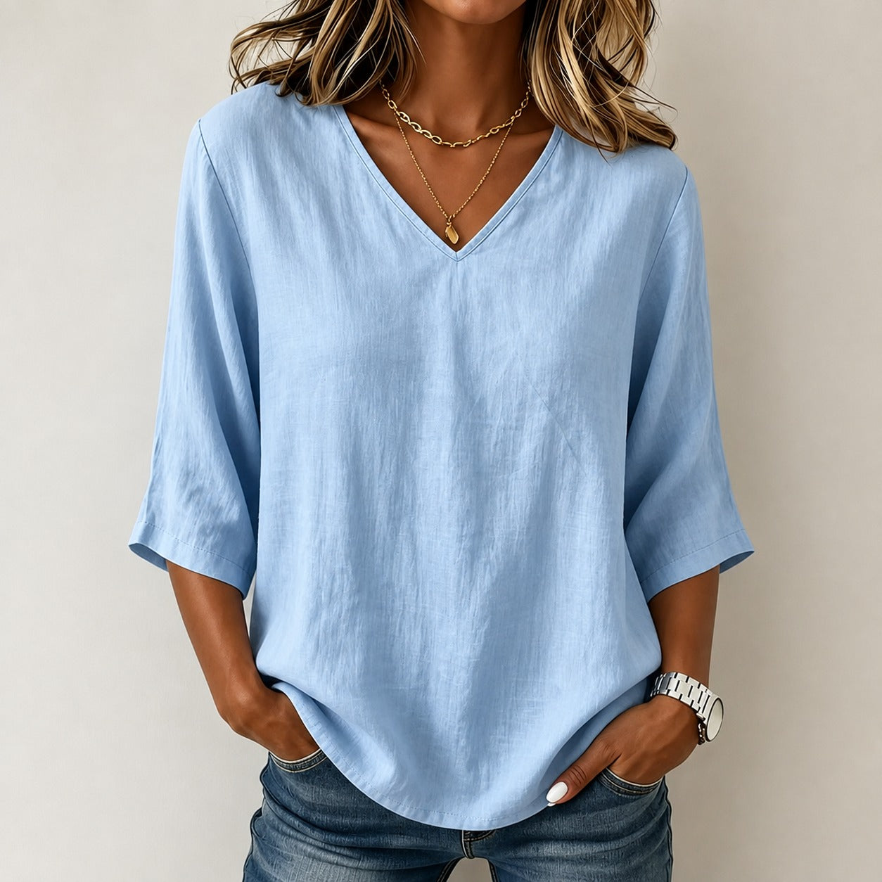 Blouse Abigail™ Cotton Linen with V-Neck and Three-Quarter Sleeves