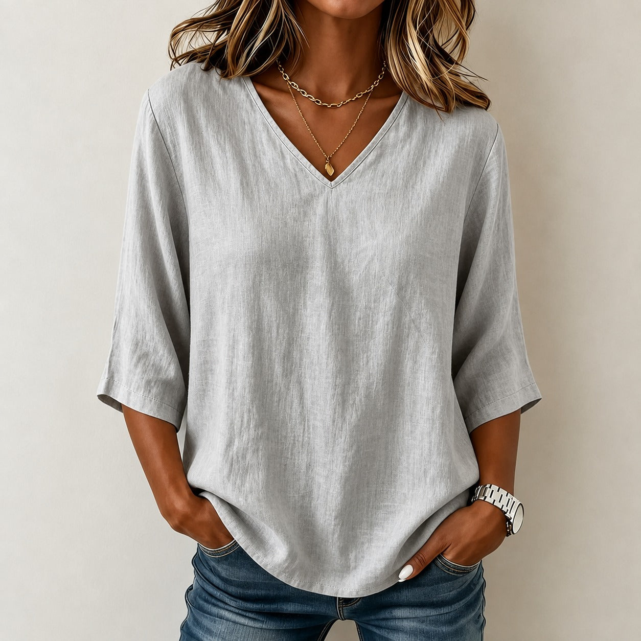 Blouse Abigail™ Cotton Linen with V-Neck and Three-Quarter Sleeves