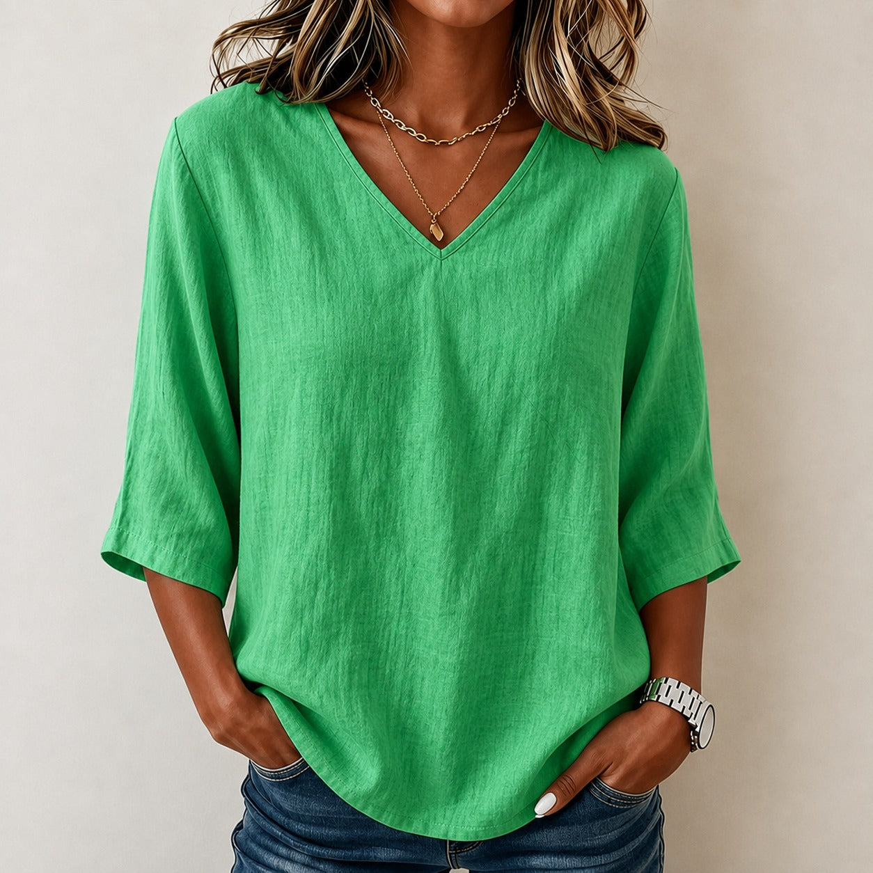 Blouse Abigail™ Cotton Linen with V-Neck and Three-Quarter Sleeves