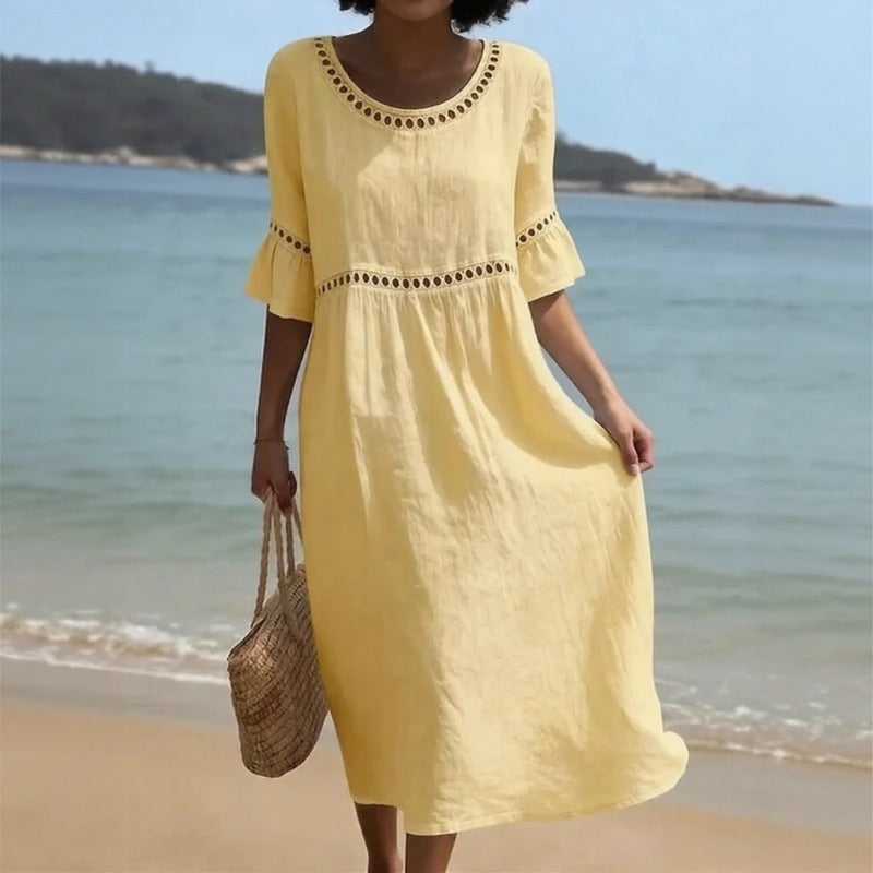 Mireza™ Cotton-Linen Dress with Eyelet Details and Ruffle Sleeves