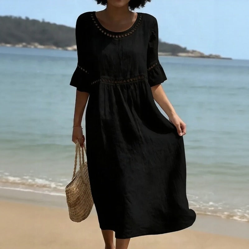 Mireza™ Cotton-Linen Dress with Eyelet Details and Ruffle Sleeves
