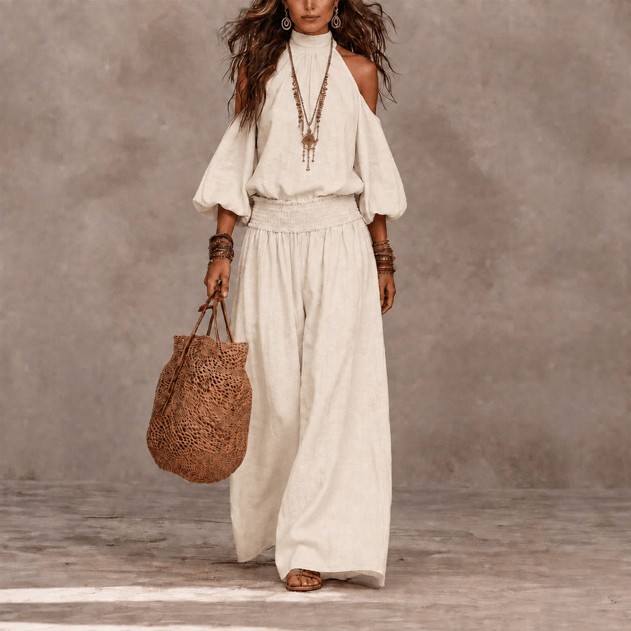 Set Oceane™ with Cold-Shoulder Top and Smocked Wide-Leg Pants.