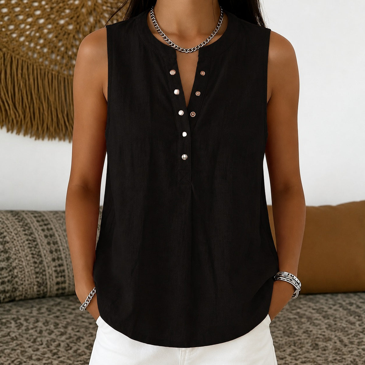 Blouse Emily™ Cotton-Linen with Round Neckline, Button-Front Detail and Sleeveless Cut