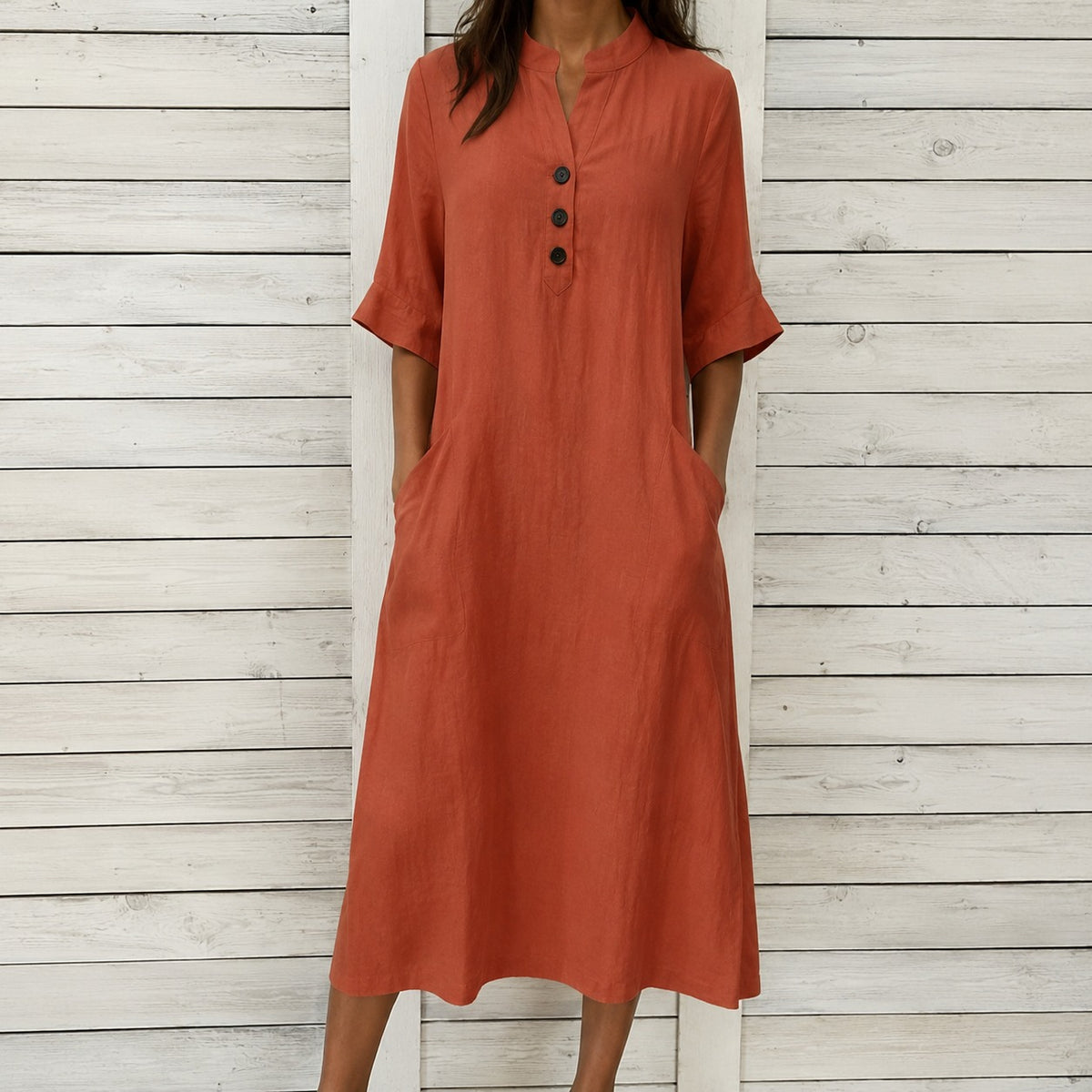 Dress Julia™ in Cotton with Stand Collar, Button Front and Pockets