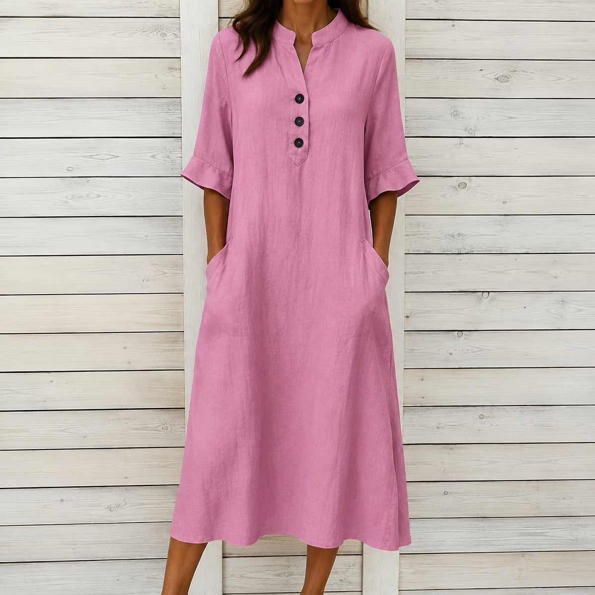 Dress Julia™ in Cotton with Stand Collar, Button Front and Pockets
