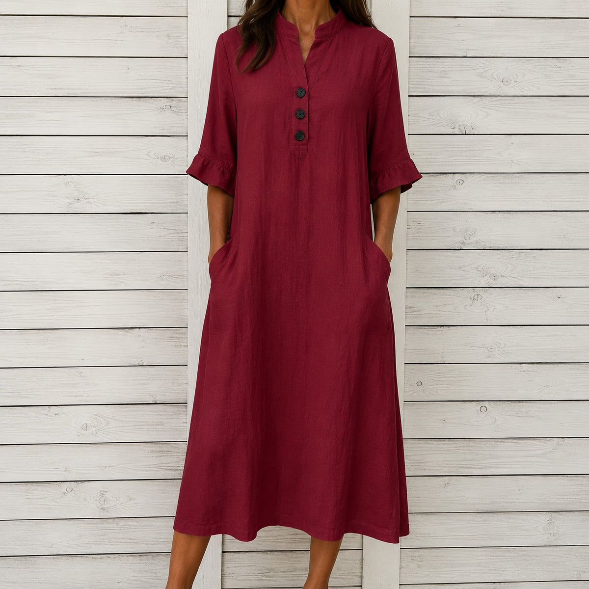 Dress Julia™ in Cotton with Stand Collar, Button Front and Pockets