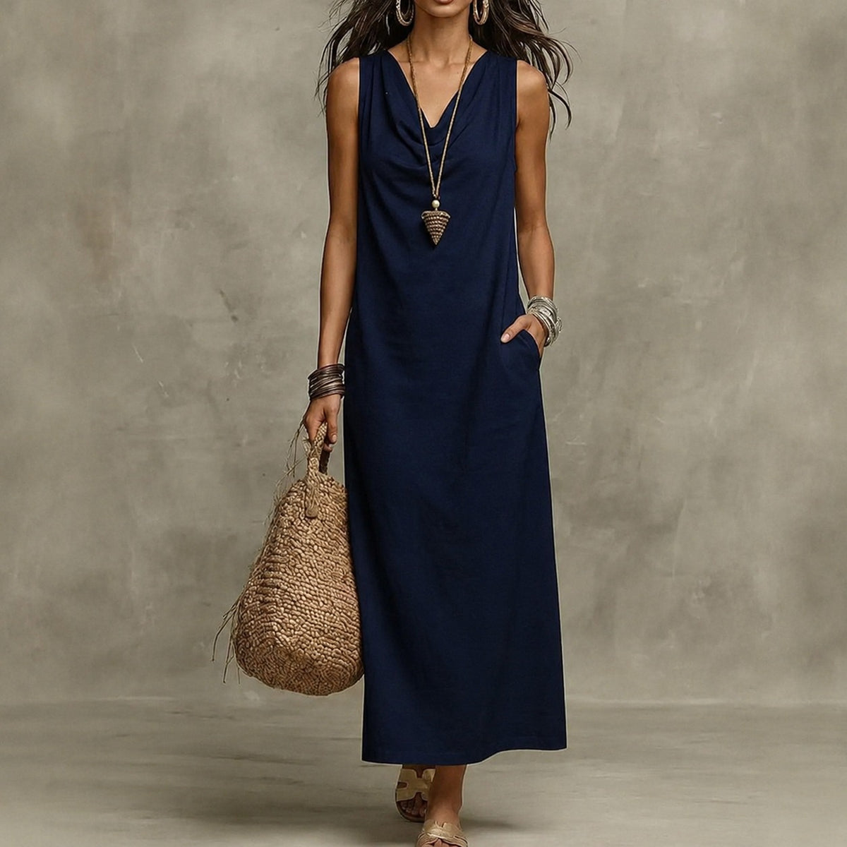 Aveline™ Long Maxi Dress in Cotton-Linen with Draped Neckline and Side Pockets