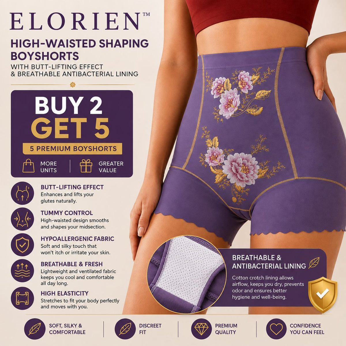 [BUY 2 GET 5] Elorien™ High-Waisted Shaping Boyshorts with Butt-Lifting Effect & Breathable Antibacterial Lining
