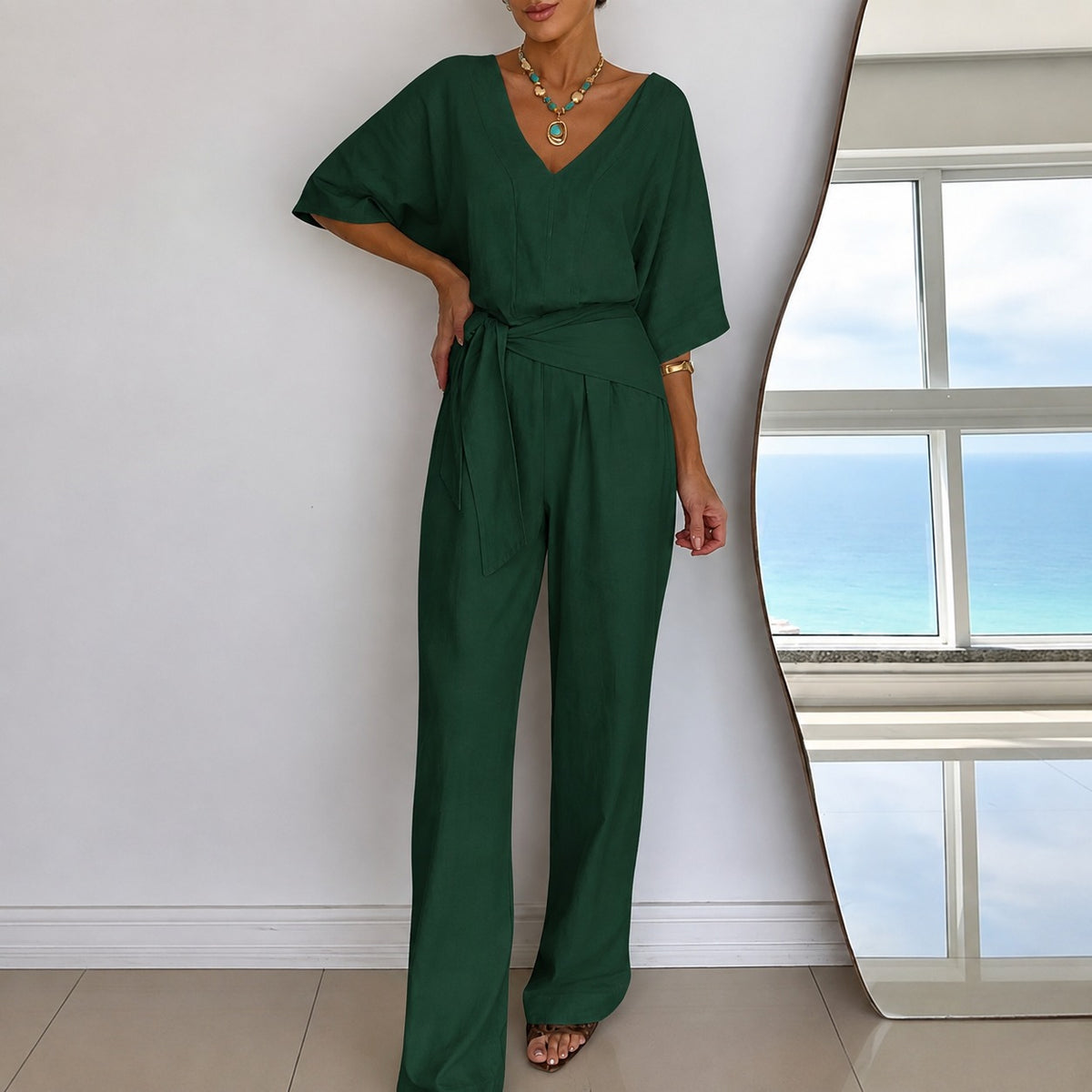Jumpsuit Brianna™ with V-Neck, Tie Waist and Wide-Leg Fit