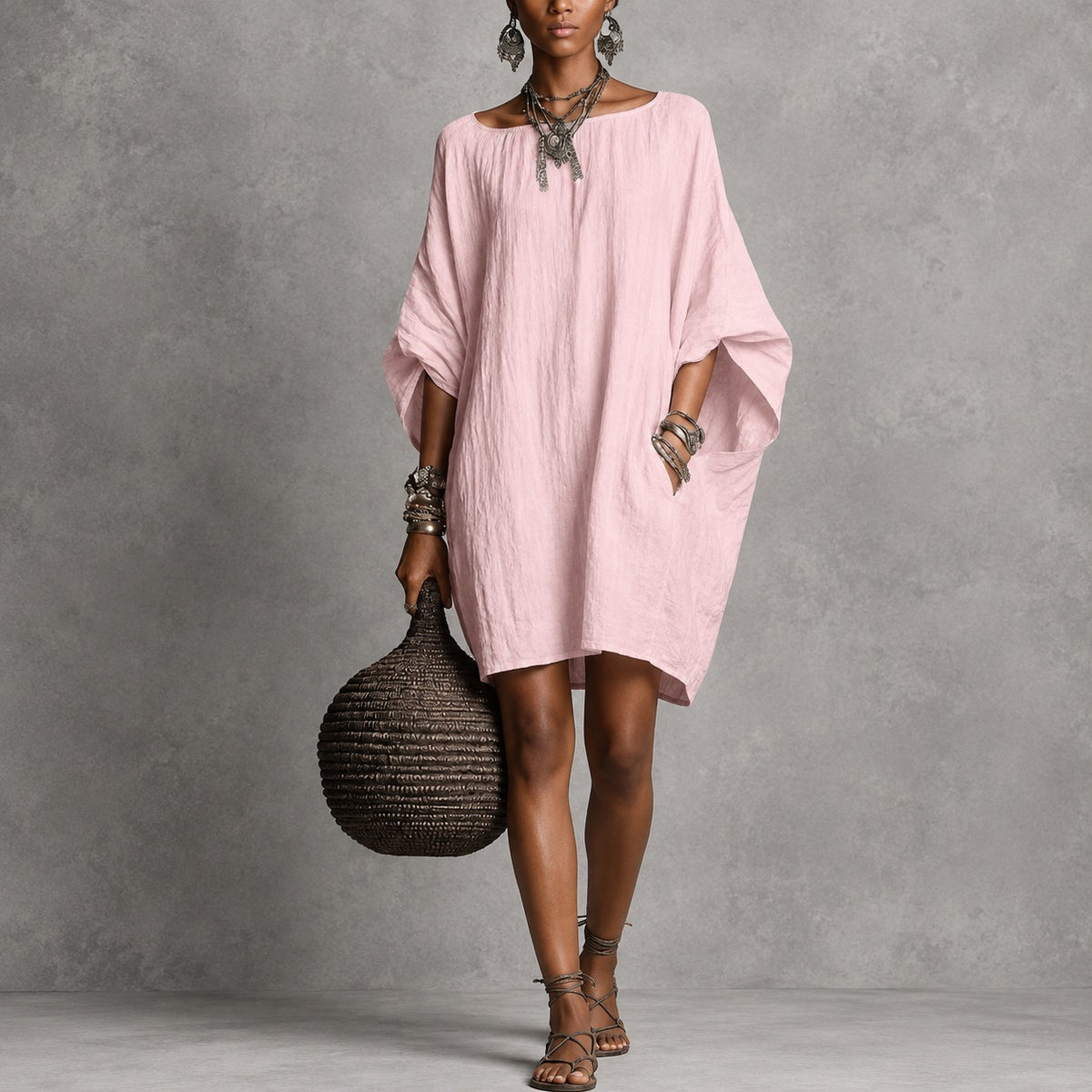Lydia™ Cotton-Linen Dress with a Relaxed Fit and Round Neckline