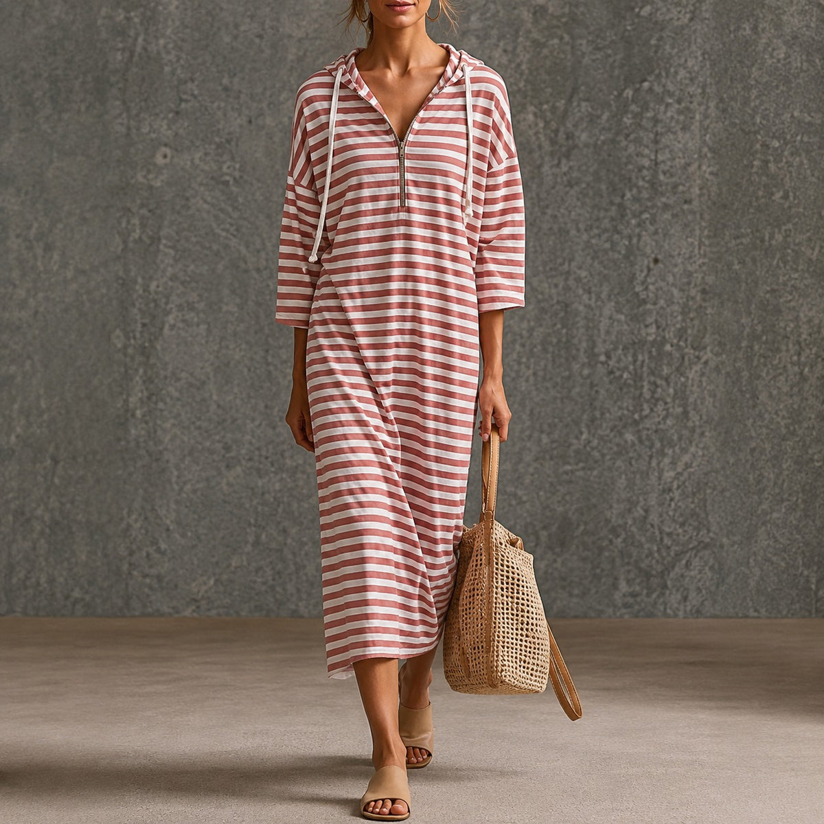 Viona™ Striped Midi Dress with Hood and Metallic-Zip V-Neckline