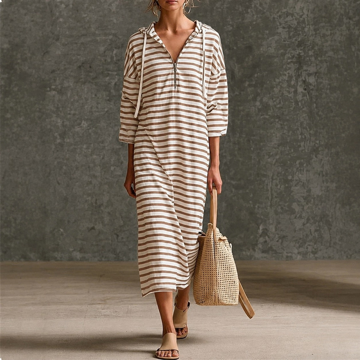 Viona™ Striped Midi Dress with Hood and Metallic-Zip V-Neckline