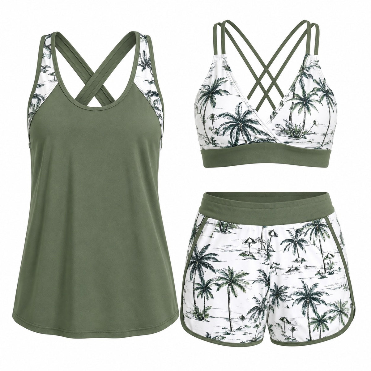 Marena™ 3-Piece Tankini Set with Cross-Front Top, Tank Top & Shorts