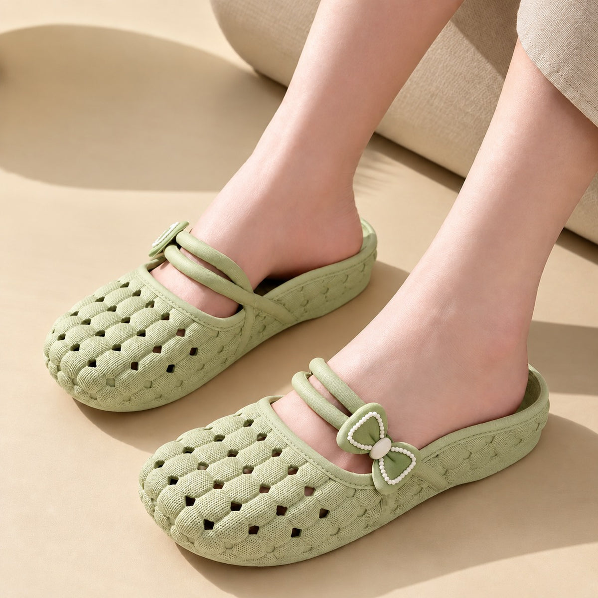 Mavelle™ Flexible Clog Sandals with Perforated Design and Delicate Bow