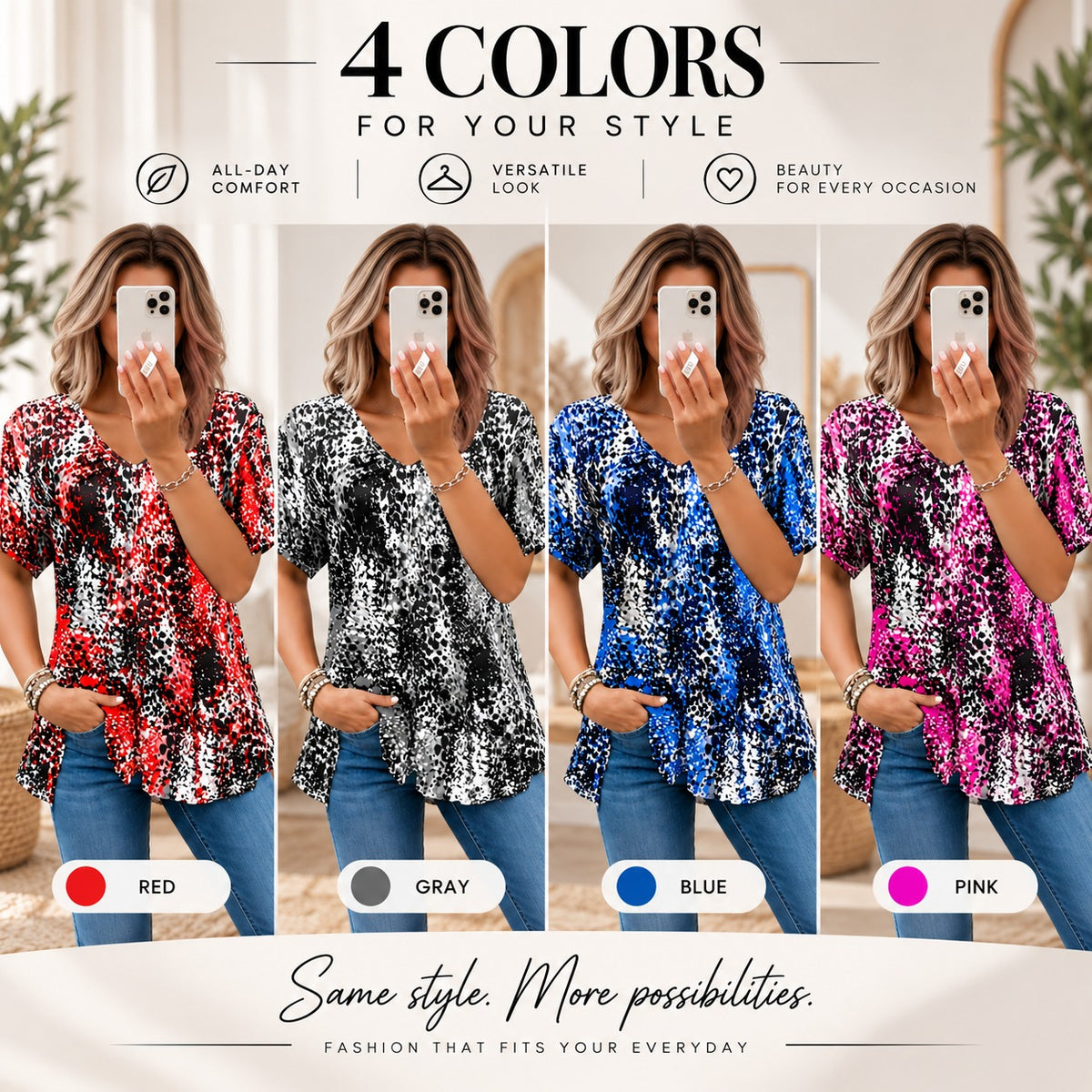 Seralia™ Blouse with Animal Print, V-Neck and Short Sleeves