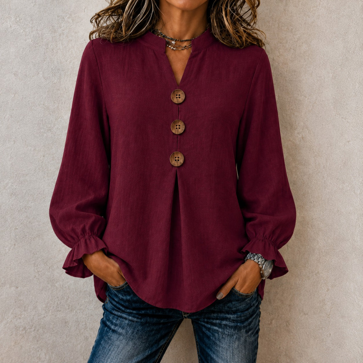 Blouse Molly™ in Linen-Cotton with Mandarin Collar, Button-Front and Ruffled Cuffs
