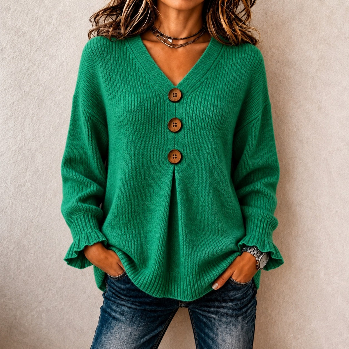 Blouse Rose™ with Textured Knit, V-Neck, Statement Buttons and Relaxed Fit