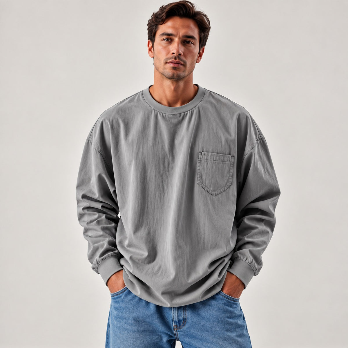 Daven™ Long-Sleeve Shirt with Minimalist Design and Chest Pocket