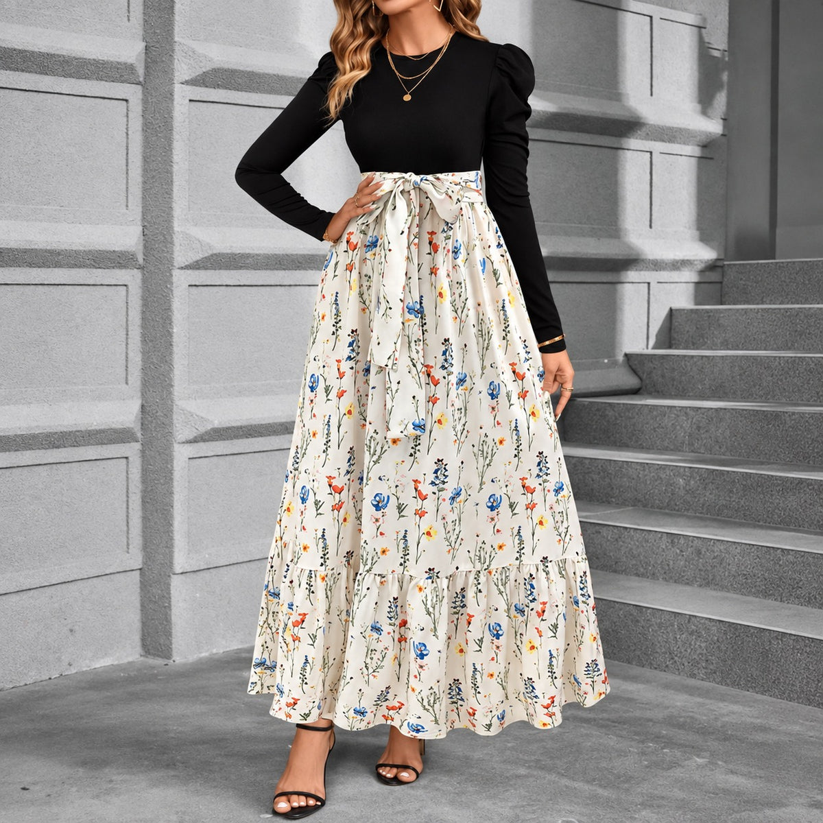 Liselle™ Retro Dress with Defined Waist and Printed Maxi Skirt