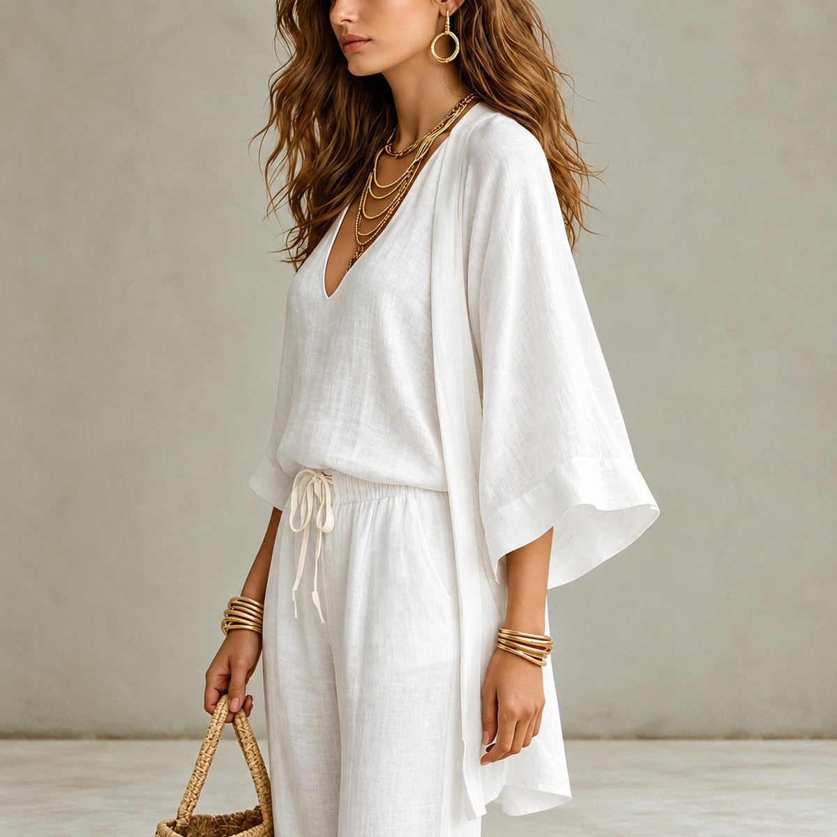 Mirelia™ 3-Piece Set with V-Neck Tank Top, Wide-Leg Pants and Long Kimono