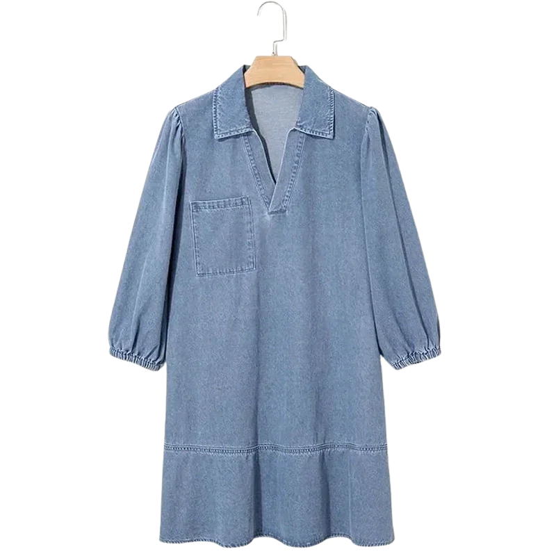 Madalena™ Jeans Dress with Lapel Collar and Puffed Sleeves / The Classic Renewed with Comfort and Femininity