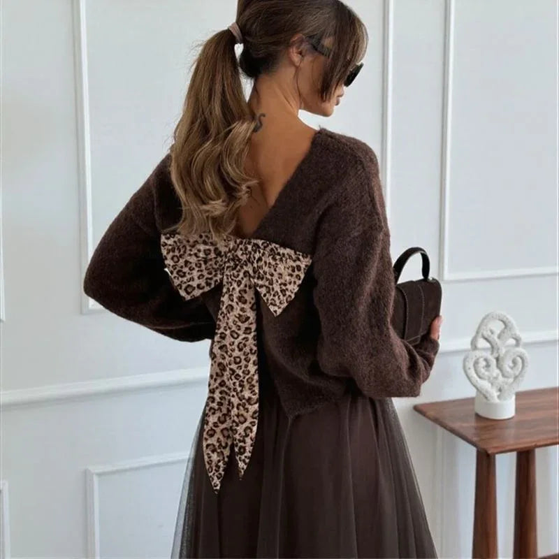 Noémie™ Set with Soft Knit Blouse and Animal Print Bow on the Back / Cozy Elegance with Surprising Charm!