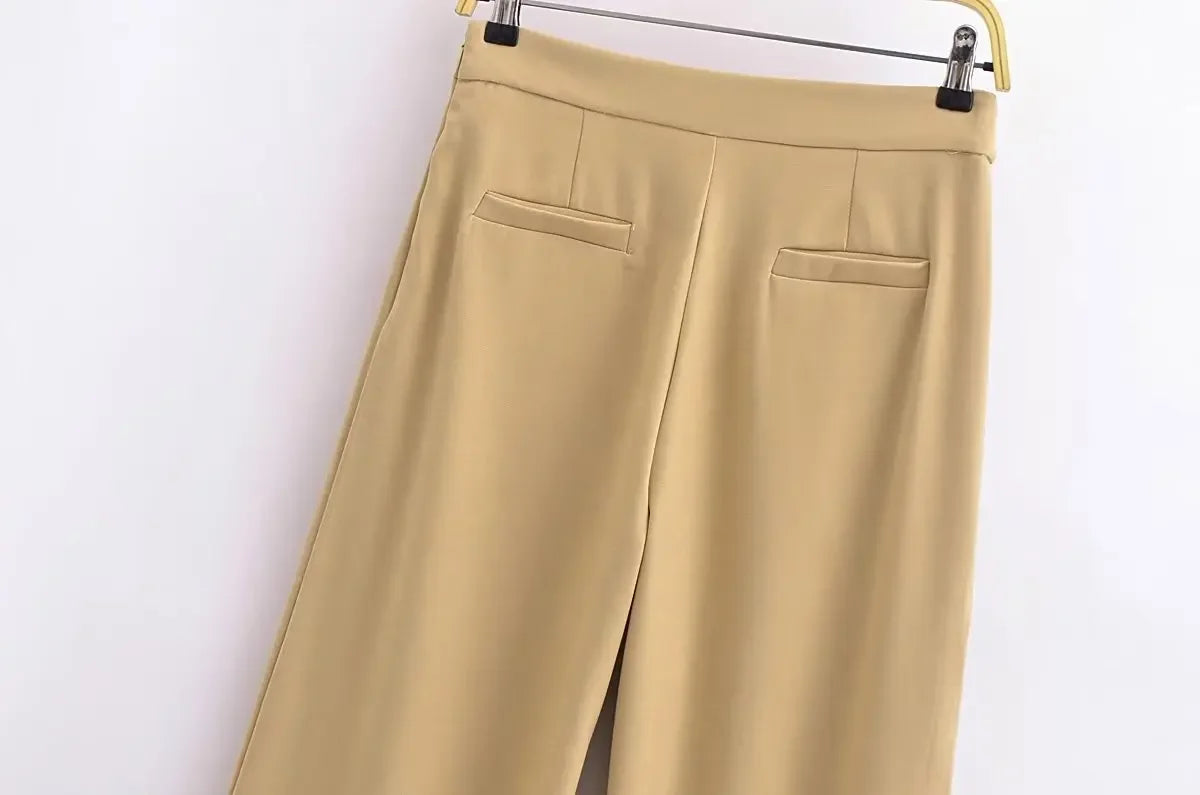 Women’s Wide-Leg Khaki Pants – Elegant High-Waist Trousers with a Modern Overlap Design